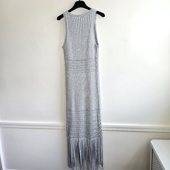 NEW SIMKHAI Jocelyn Open-Stitch Fringe Metallic Silver Midi Dress NWT Medium - Picture 11 of 12